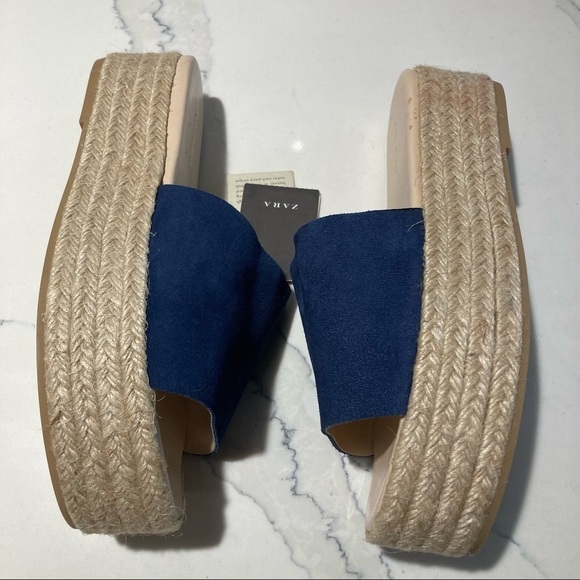ZARA WOMAN Sz 38 Leather  Dark Blue 2.5” Platform Slip On Espadrille NWT - Picture 5 of 11